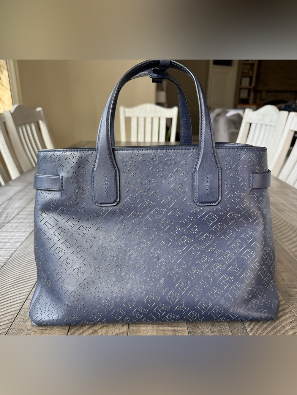Burberry Vintage Perforated Leather Banner Navy Tote Handbag Shoulder Bag Purse